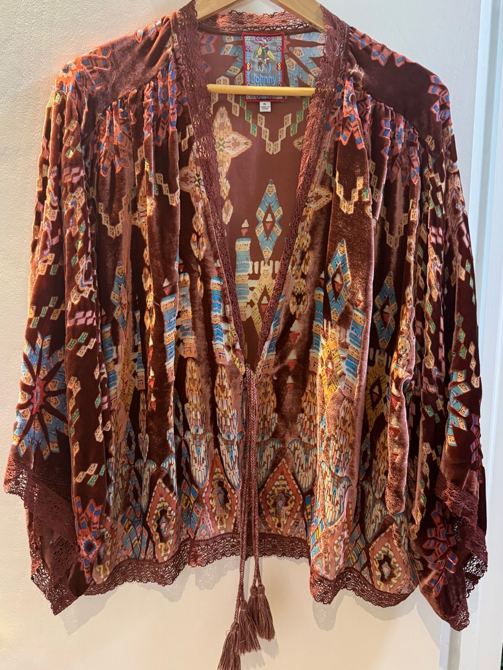 NWOT Johnny Was Burgundy Velvet Boho Jacket with Turquoise/Gold Accents